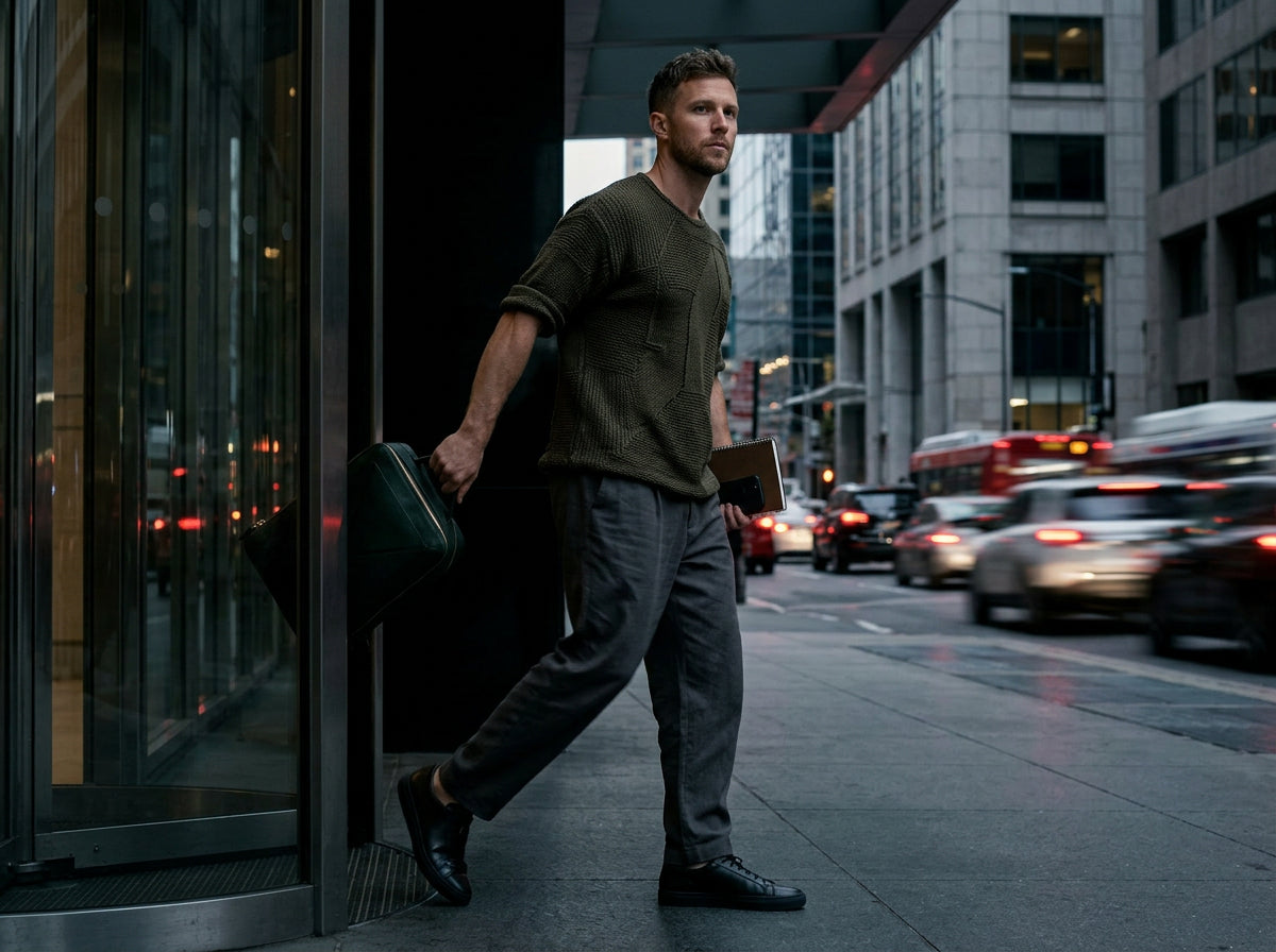 A man in a green shirt stepping out of a revolving door onto a busy city street, carrying a bag