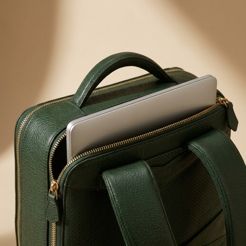 Green Aileré backpack with a laptop resting in the front compartment