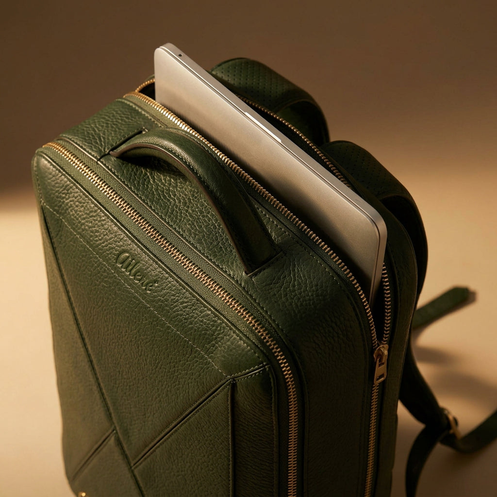 Green Aileré backpack standing upright with a laptop sliding out of the top compartment